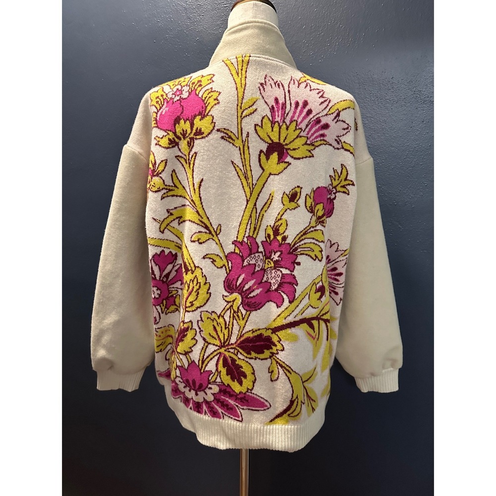 Anthropologie Tapestry Bomber Jacket M/L Cream Floral Knit Wool Blend Oversized - Picture 4 of 16